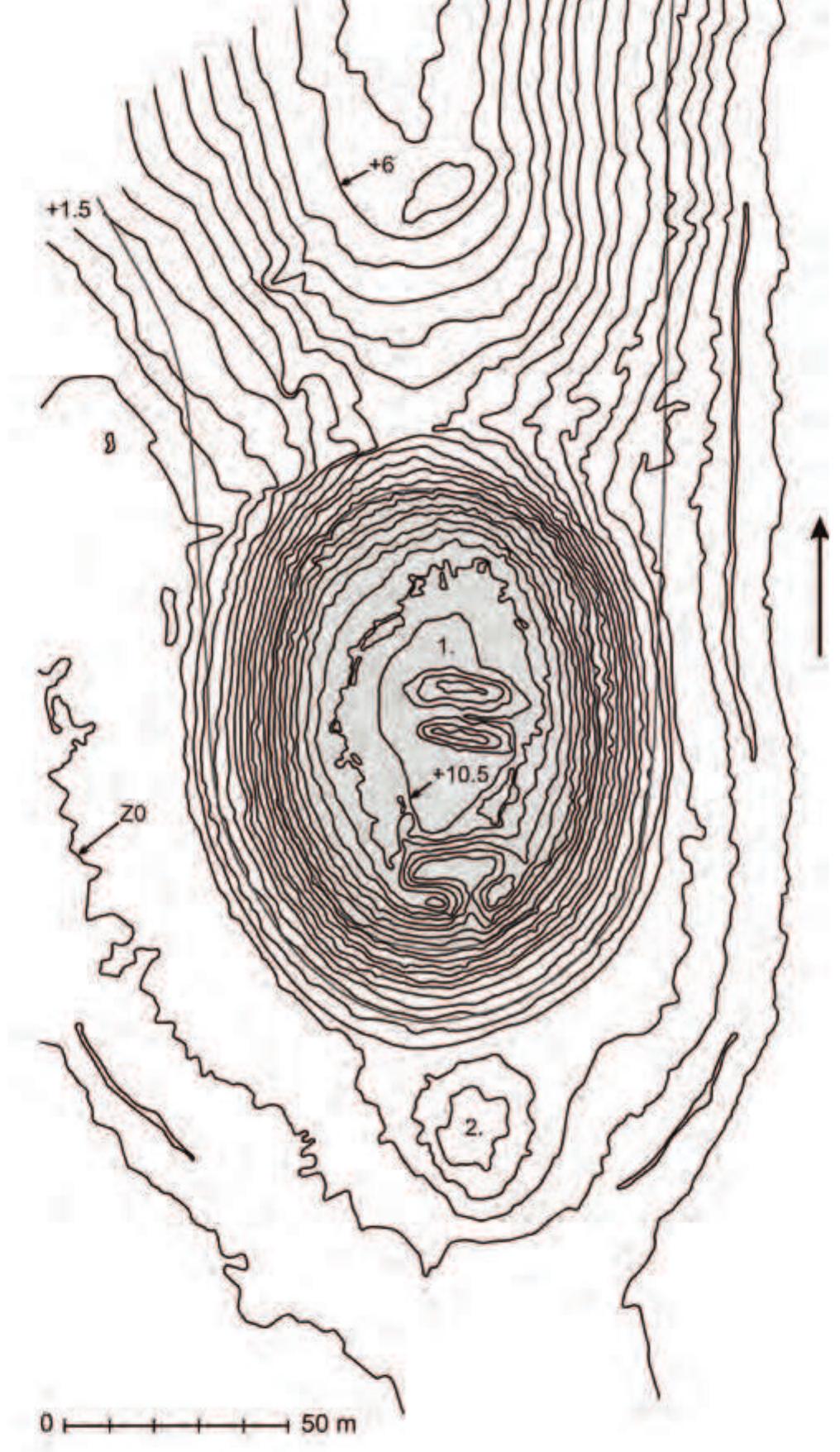 Figure /4. Topographic map (graphical end-product of the 3D Jaser scanning) of the sites from Stoenesti: (1) Magura Tangdru and (2) Izlazu' Tangdru (the small tell). They area in grey represents an estimated topographical episode contemporary to the moment of the main settlement's founding — the ZO+1.5 curve (continuous line) and, respectively, the Z0+6 curve (hatched outline). The equidistance of the contour lines is of 0.50m, ZO = 51.80m. 