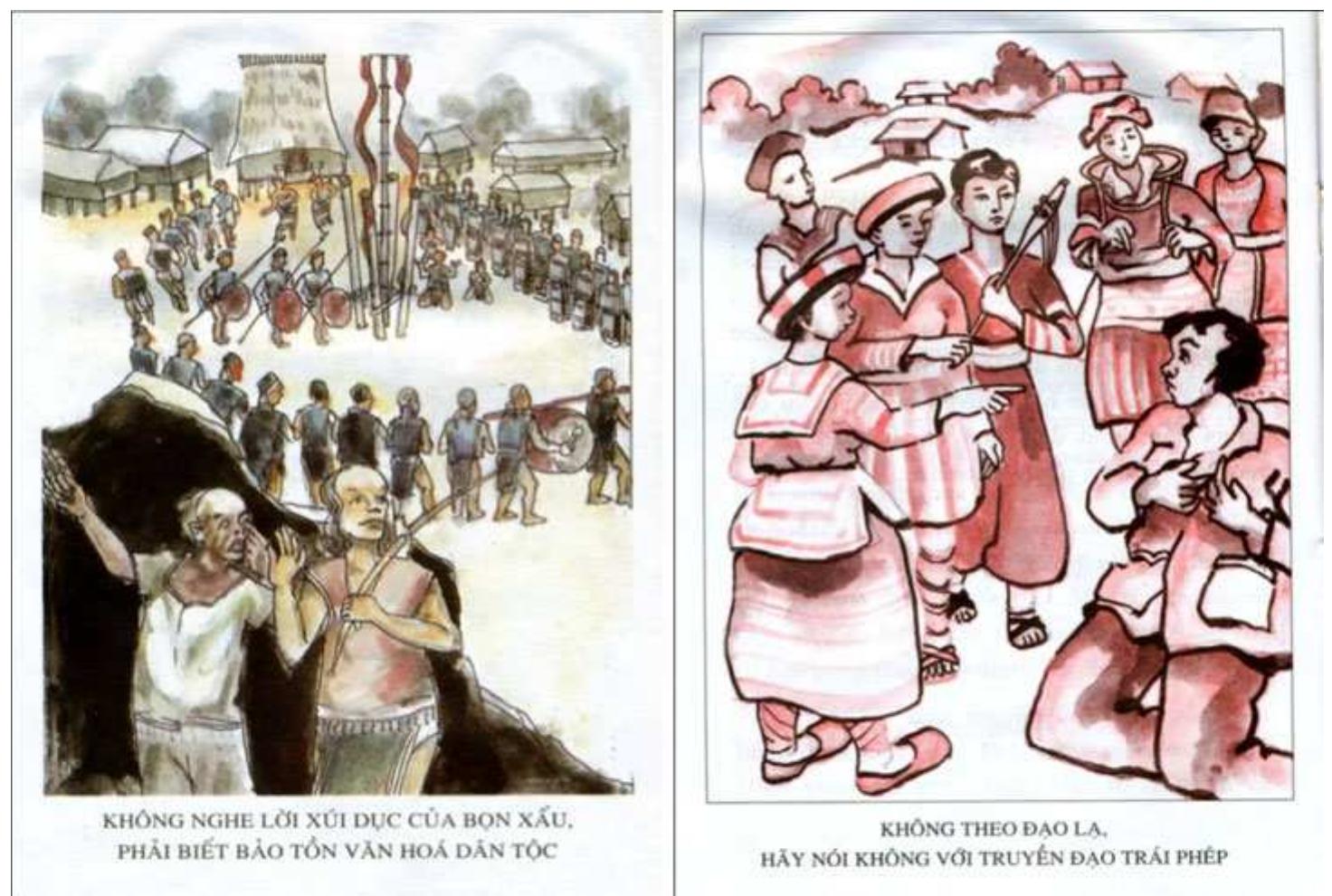 Figure 1. Propaganda. The caption on the left reads: ‘Don't listen to bad ele- ments, one must know to preserve national culture.’ On the right, it reads: ‘Do not follow a strange religion, say no to illegal proselytising.’ 