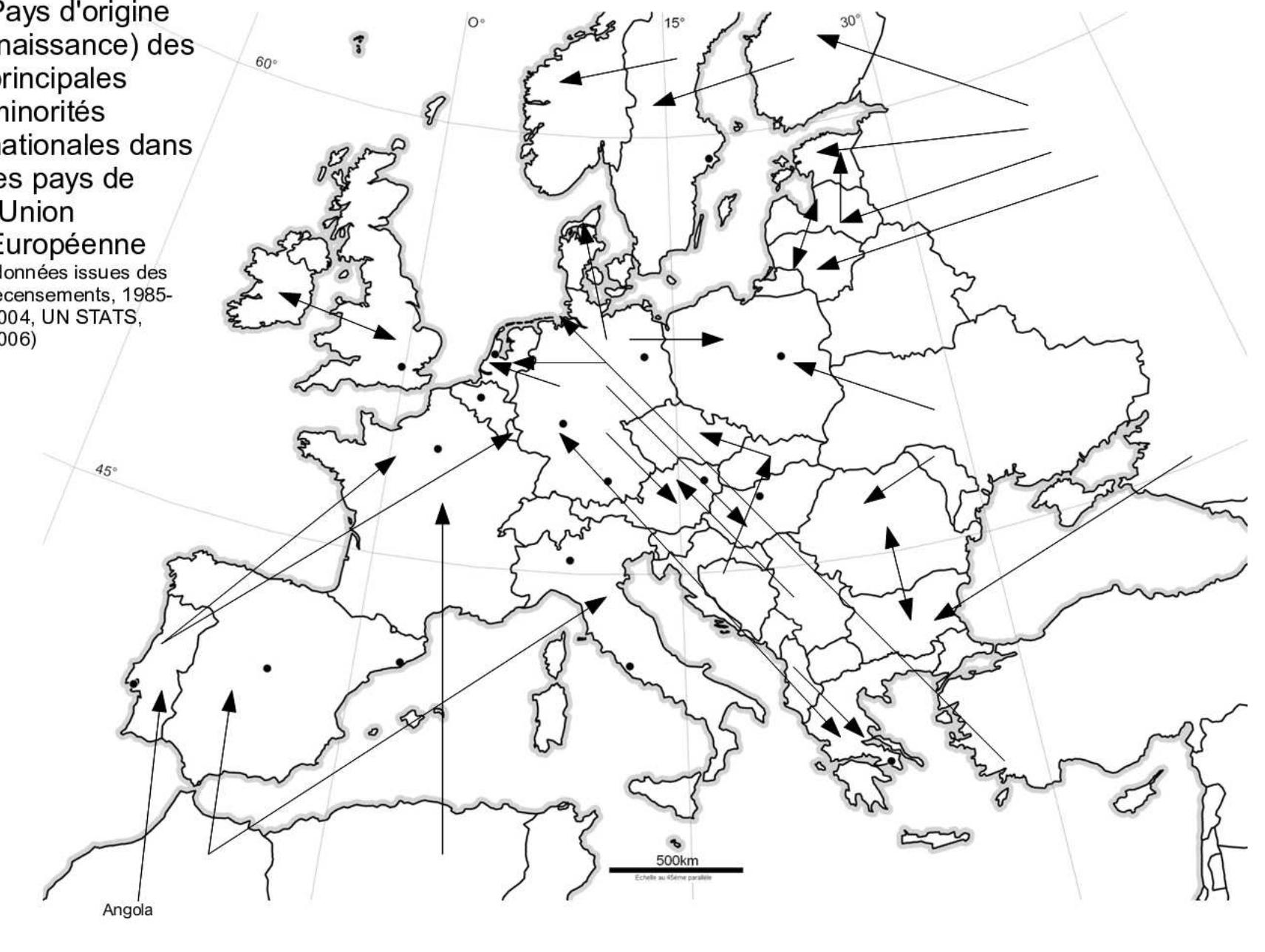Country of origin (birth) of the main foreign-born groups in each country of the European Union (National Censuses, 1985-2004, UNSTATS, 2006)  The two following maps picture the main movements of population within Europe, taking basis on the table 1. The first map illustrates the main countries of origin of immigration in all European countries, and the second one displays the main country of destination of each European country’s emicration2. 