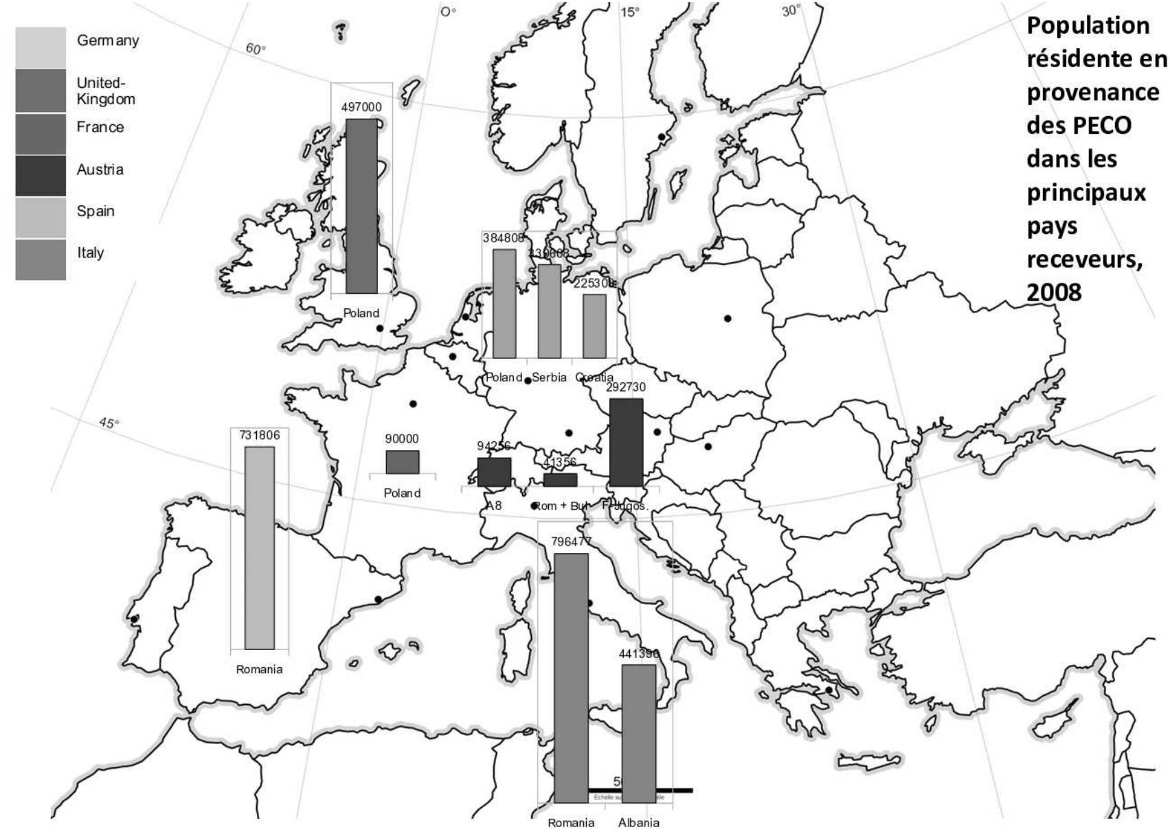 Main Eastern European born populations in selected Western European countries, 2008 (source: official statistics of immigration)  Main Eastern European born populations in selected Western European countries, 1991-2000 (source: national censuses) 