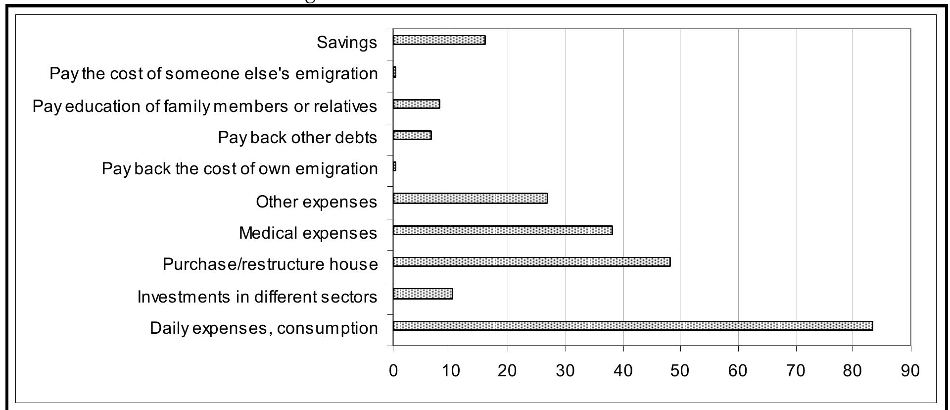 —  Remittances cover mainly daily expenses and consumption. More than 80% of the respondents declared that their families use part of the money for the satisfaction of their basic needs. The second destination of remittances is the purchase or the refurbishing of houses/apartments (nearly 50%). Other important items are medical and other expenses. Very few declare that their remittances are invested in different sectors or deposited in savings accounts (Figure 2). 