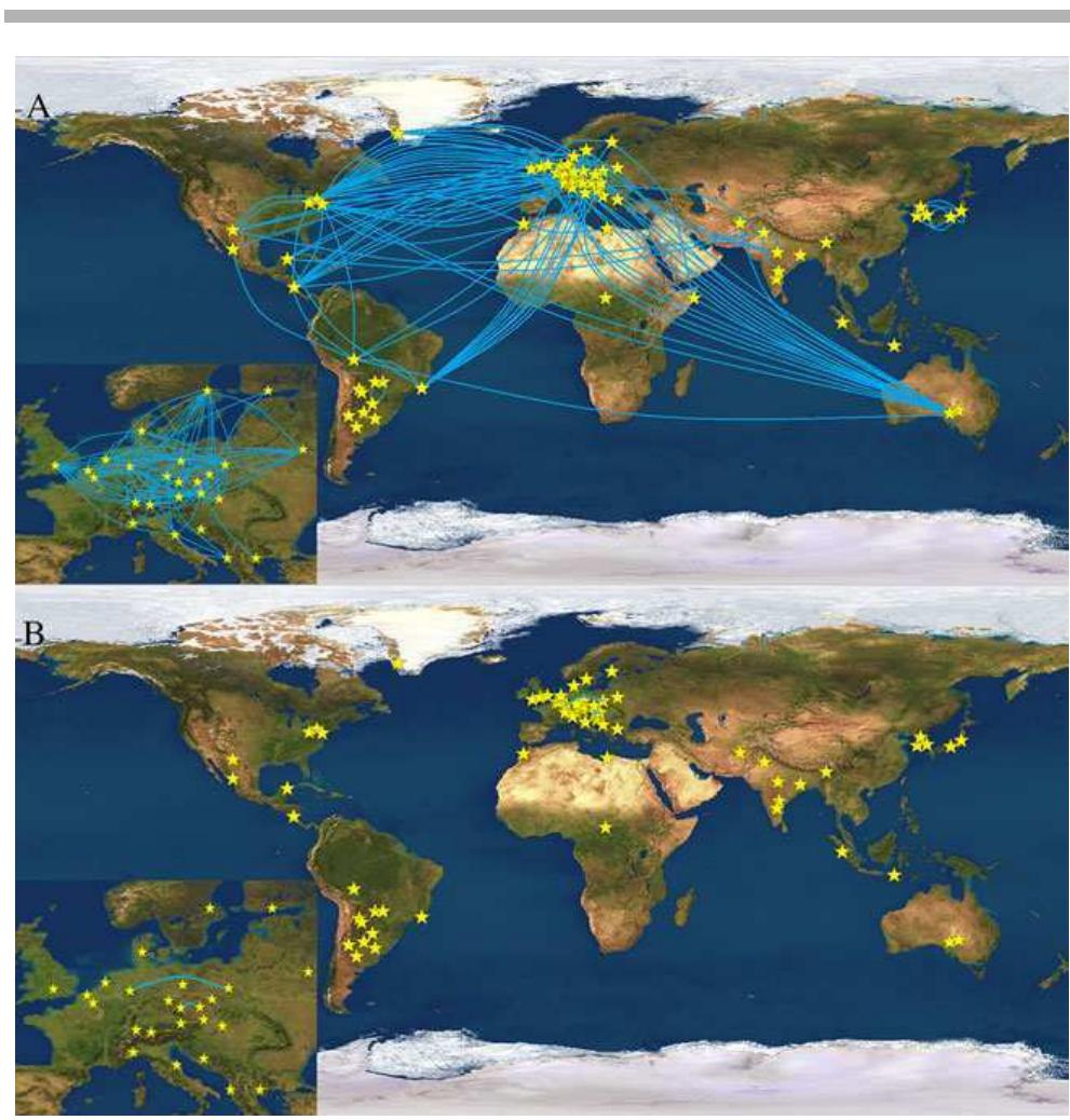 Figure3. Geographic representation of pairwise between-population haplotype sharing. Blue lines connect population pairs showing shared haplotypes for A: Yfiler, and B: the RM Y-STRs set. Smaller insets show Europe enlarged. 