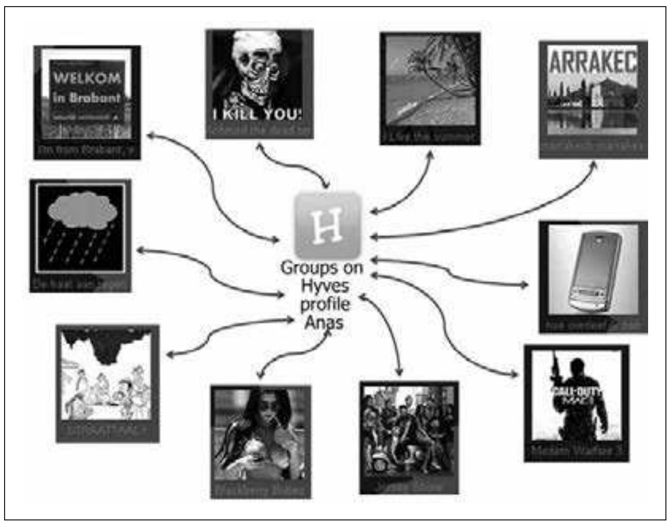 Fig. 12: Hyves groups thirteen-year-old Anas linked to on his Hyves profile page VJuly 22, 2011)  Selfies and hypertextual selves on social networking sites 