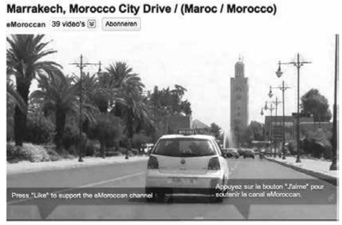 distance the Koutoubia Mosque is featured, the video mostly shows the journey of driving through the streets of Marrakech. Various elements ir the video are familiar to Anas. Seeing these familiarities may “accumulate value and “stick” a sense of transnational affection to the video (Ahmed 2004, p. 91), which in turn may strengthen Anas’s symbolic attachment tc the city.  the video are familiar to Anas. Seeing these familiarities may “accumulate” 