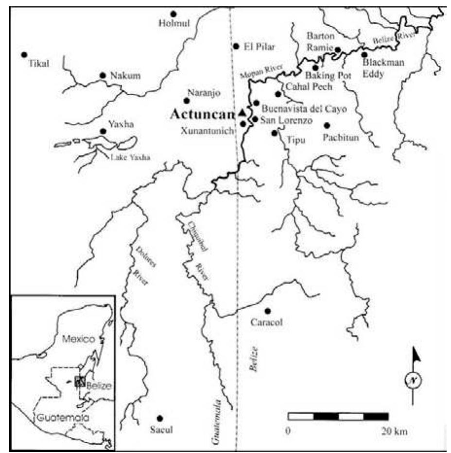 Figure 1. Location of Actuncan along the Mopan River (LeCount 2004:Figure 1). 