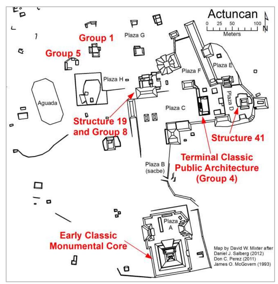 Figure 2. Map of Actuncan showing features discussed in the text. 