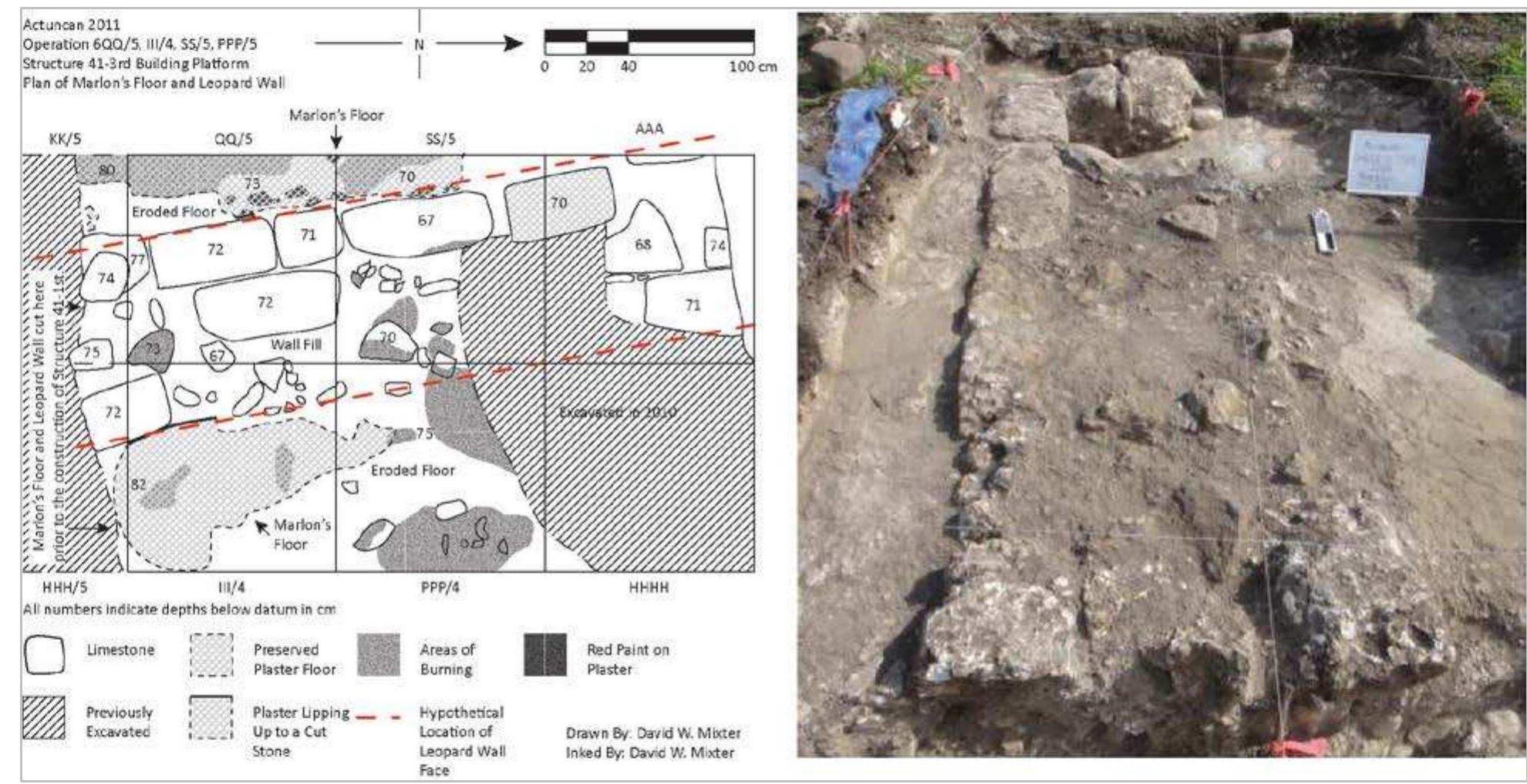 Figure 7. Plan and photograph of masonry wall stub associated with the Early Classic version of Structure 41. In the plan drawing, note the areas of buming and preserved red paint on the floor. 