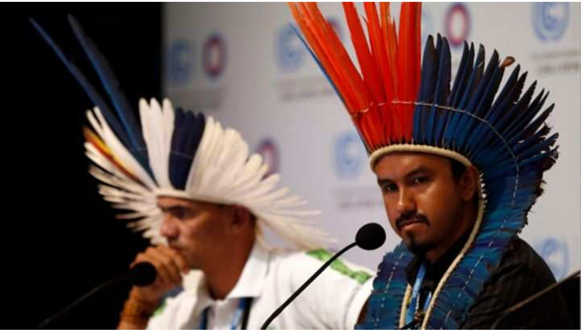 Image 4  "Om Marcos Avilques (L) and Marcio Kokoj of the Coordination of the Indigenous Organizations of the Brazilian Amazon (COIAB) address a news conference as part of the UN climate change conference COP 20 in Lima, Peru. Indigenous leaders from around the world gathered to demand recognition and rights, as both defenders of the world's rainforests and underappreciated players in the effort to slow climate change. For the first time we saw the publication of data that quantifies the exact size of the climate impact made by indigenous populations as front-line guardians of imperiled rainforests. The size of this impact, a kind of negative carbon footprint, is staggering. Nowhere is this more true than in the Amazon that begins just over the mountains from the just-concluded negotiations. Yet these people have to face violence of loggers and oil companies on a regular basis.  Source: www. rollingstone.com/politics/news/murder-in-the-rainforest-20141216, retrieved: 02-06-2015  Climate Change the 21st annual Conference of the Parties (COP) later this year in Paris!? we are working with the French government and many indigenous peoples. We have a Chateau outside of Paris with 600 ha of forrest?° where we are creating a 'sacred space' for indigenous ceremonies, where the elders will advise the political indigenous actors. The indigenous community will be there to energize their spirit and carry that strength into the negotiations. We were involved in Lima, Peru (during COP 20, 2014) where we had 16 hours of stage time. We called it: ‘Growing Collective Consciousness From the Voices for the Climate’ and this was, I think an amazing and wonderful experience because we took the scientists, politicians, indigenous people, religious leaders, young people, women and farmers and we put them all together and we said:  No, don't have a speech, don't have a presentation, but talk to each other. Have a collective consciousness. Why do we believe? What do we want?  And it worked very well. It is a phenomenon, because in the existing institutional development it is too 