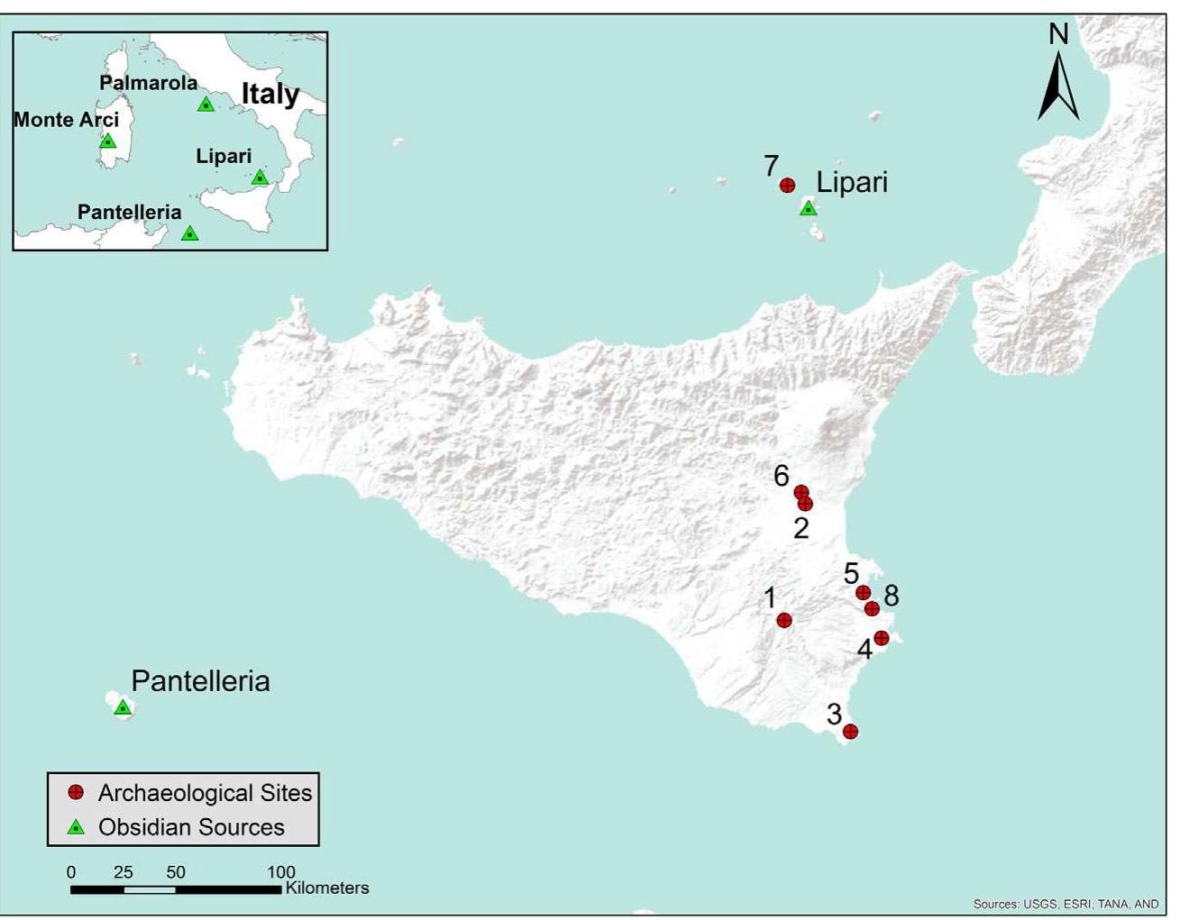 Fig. 1. (Color online.) Map showing the analyzed archaeological sites and relevant obsidian sources. 1. Calaforno; 2. Fontana di Pepe; 3. Grotta Corruggi; 4. Matrensa; 5. Megara Hyblaea; 6. Poggio Rosso; 7. Rinicedda; 8. Stentinello.  Fig. 1. (Couleur en ligne.) Carte montrant les sites archéologiques analysés et les sources d’obsidienne correspondantes. 1. Calaforno ; 2. Fontana di Pepe; 3. Grotta Corruggi ; 4. Matrensa ; 5. Megara Hyblaea ; 6. Poggio Rosso; 7. Rinicedda; 8. Stentinello. 