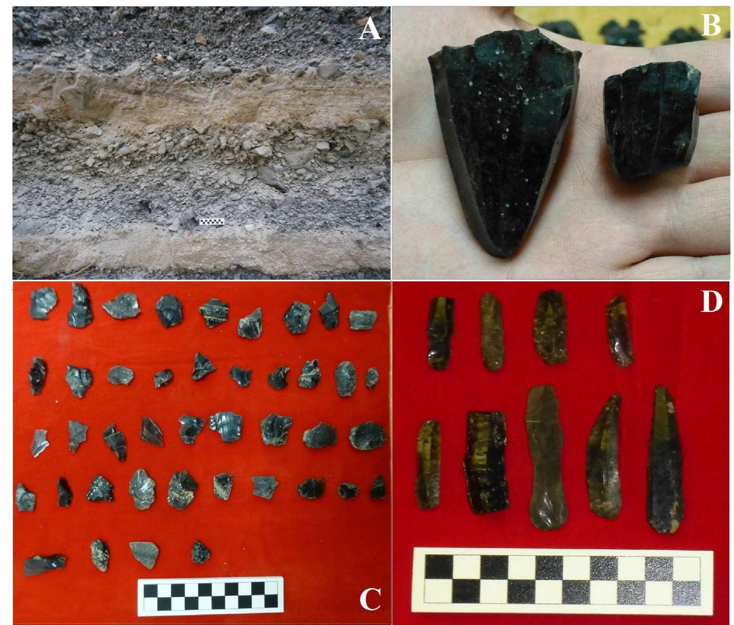 Fig. 2. (Color online.) A. Stratigraphic profile of in situ obsidian from Gabellotto Gorge. B. Pressure-flaked blade cores from Megara Hyblaea. C. Flakes from Matrensa. D. Blades from Stentinello.  Fig. 2. (Couleur en ligne.) A. Profil stratigraphique d’obsidienne in situ de la gorge de Gabelotto. B. Nucléus en lame a éclats obtenus par pression, en provenance de Megara Hyblaea. C. Eclats en provenance de Matrensa. D. Lames en provenance de Stentinello. 