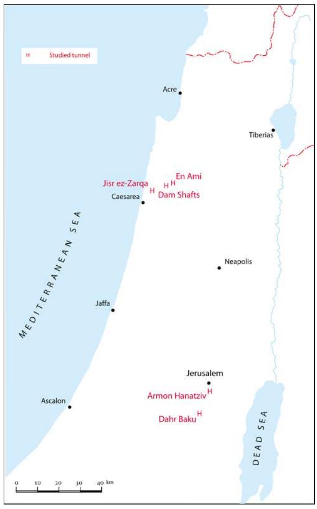 Fig. 2: location of studied tunnels, belonging to Jerusalem and  Caesarea water systems. Fig. 2: ubicazione delle gallerie studiate appartenenti ai sistemi  idrici di Gerusalemme e Cesarea. 