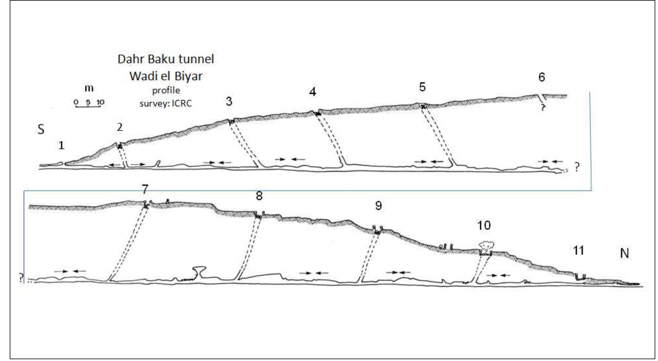 Fig. 4: Dahr Baku tunnel profile (modified after Tsuk et al., 1986). Meeting points are indicated by arrows, showing excavation direction. Note the systematically inclined shafts (numbered), except the short vertical shafts 1 and 11. Fig. 4: Dahr Baku: profilo della galleria (modificato, da Tsuk et al., 1986). | punti di incontro sono indicati da frecce, che puntano  alla direzione di scavo. Da notare i pozzi sistematicamente inclinati (numerati), ad eccezione dei brevi pozzi verticali 1 e 11.  Hence the meeting points of teams are difficult to identify. ICRC survey (unpublished, Fig. 3) shows slight changes in direction between shafts, without significant horizontal deviations. This indicates  accurate planning, survey and construction works on the original tunnel. Slight horizontal errors, up to few tens cm, may have been obscured by later modifications of the tunnel. 