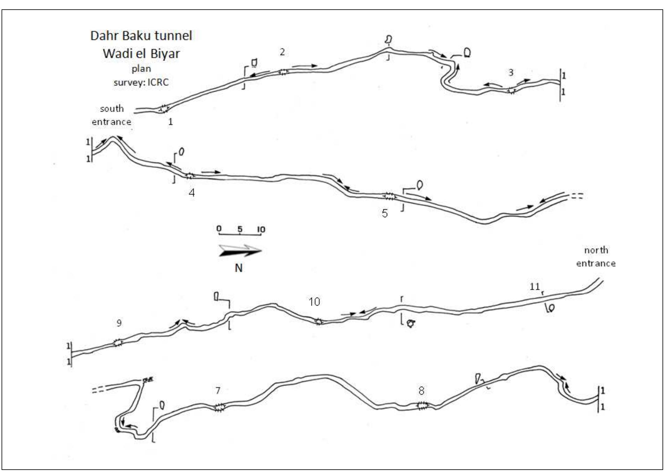 Fig. 5: Dahr Baku tunnel plan (modified after Tsux et al., 1986). Large deviations at meeting points are evident, e.g. left of shaft 7  and between shafts 2 and 3. Fig. 5: pianta della galleria di Dahr Baku (modificata, da Tsuk et al., 1986). Forti deviazioni ai punti di incontro sono evidenti, ad  es. a sinistra del pozzo 7 e tra! pozzi 2 e 3. 