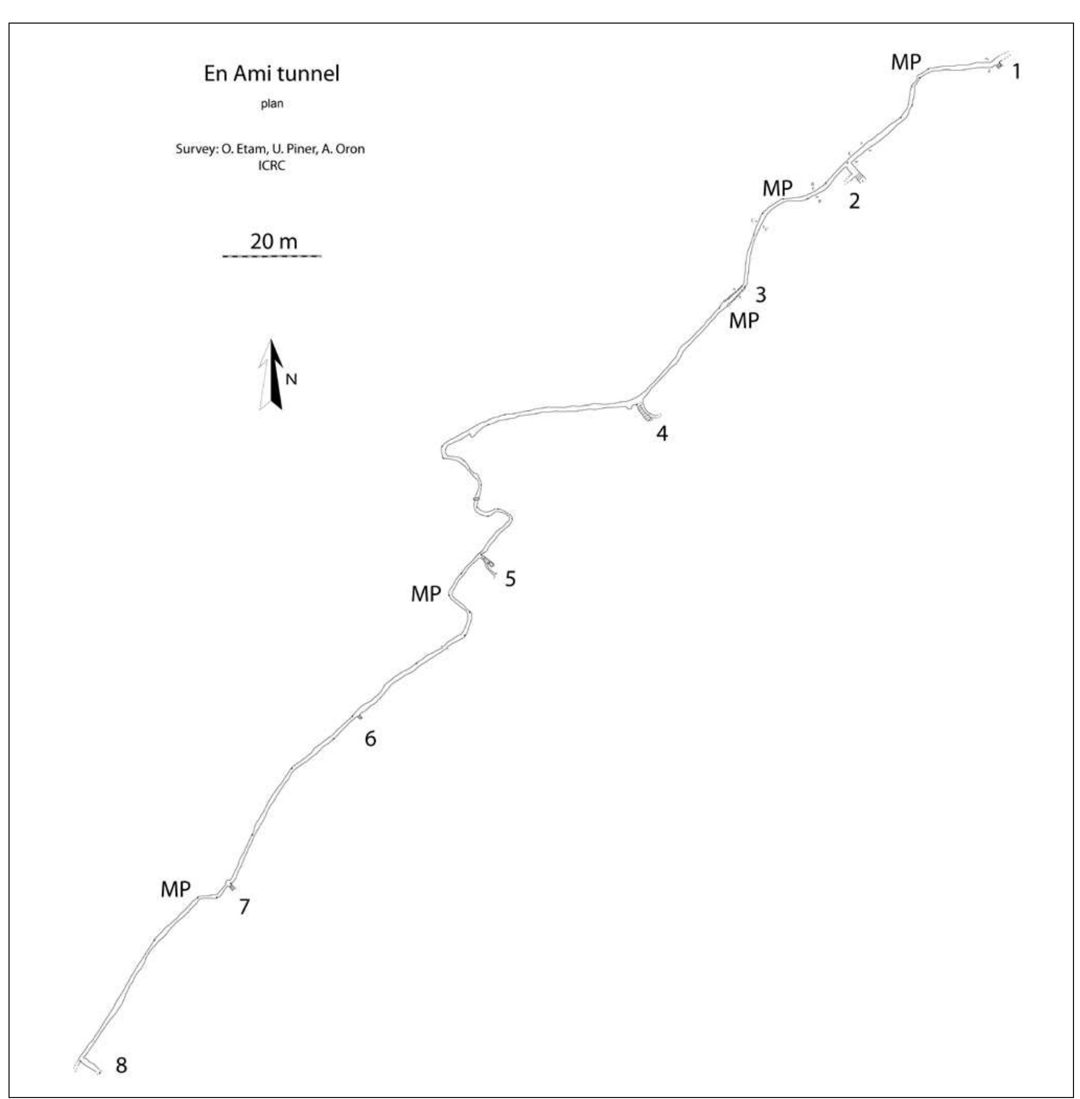 Fig. 8: plan of a segment of Taninim tunnel at En Ami. MP indicates a meeting point of two teams (modified after Piner, 1998). The  shafts (numbered) are inclined. Note the large deviation at meeting points. Fig. 8: pianta di un segmento della galleria di Taninim presso En Ami. MP indica il punto di incontro delle due squadre (modificato,  da Piner, 1998). | pozzi (numerati) sono inclinati. Da notare la notevole deviazione al punto d’incontro. 