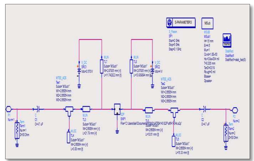 Long Distance Element Schematic of the lna with microstrip line input and output