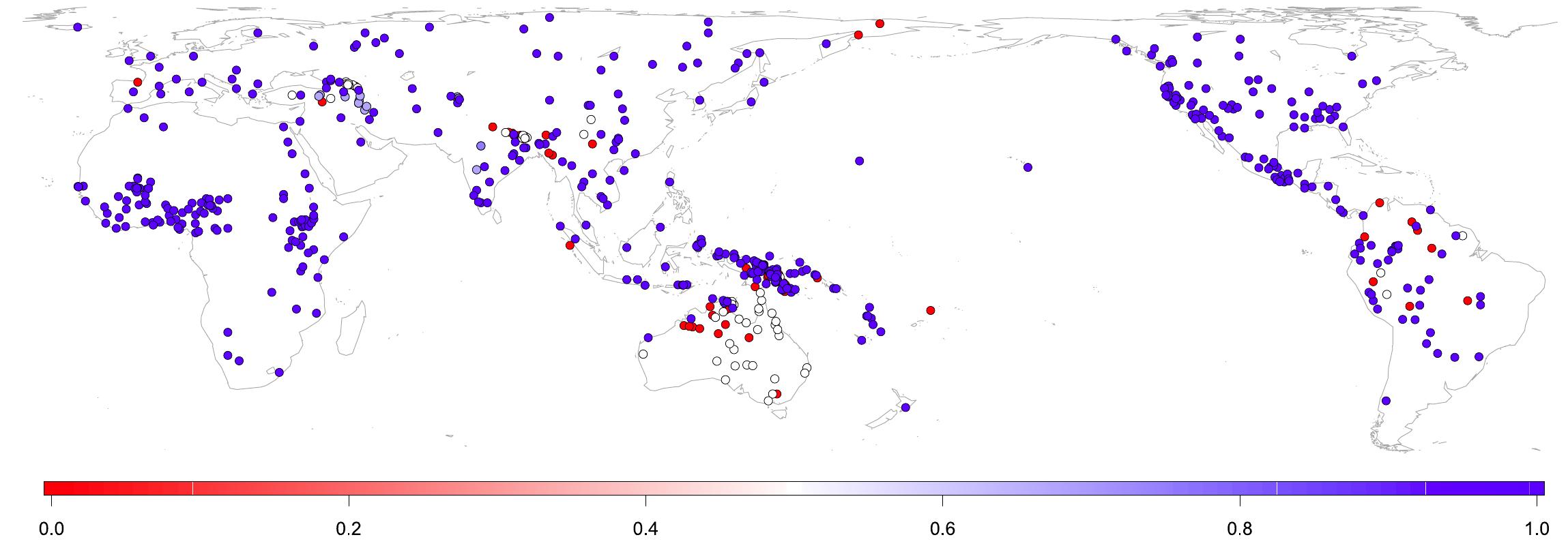 Fig 1. Ergative case marking. Some languages identify agents of transitive (multi-argument) verbs (e.g. Ram in Ram sold a book) by a special ‘ergative’ marker. The map shows the proportion of such markers per language (N = 617): 100% (red) means that the ergative occurs in all grammatical subsystems (e.g. all tenses, all persons), 50% (white) in half of all subsystems, 0% (blue) in none. Shades of blue represent ergative presence between 0% and 50%. Salient proportions of ergative markers are limited to the Pacific (New Guinea/Australia/Oceania) and South America regions. 
