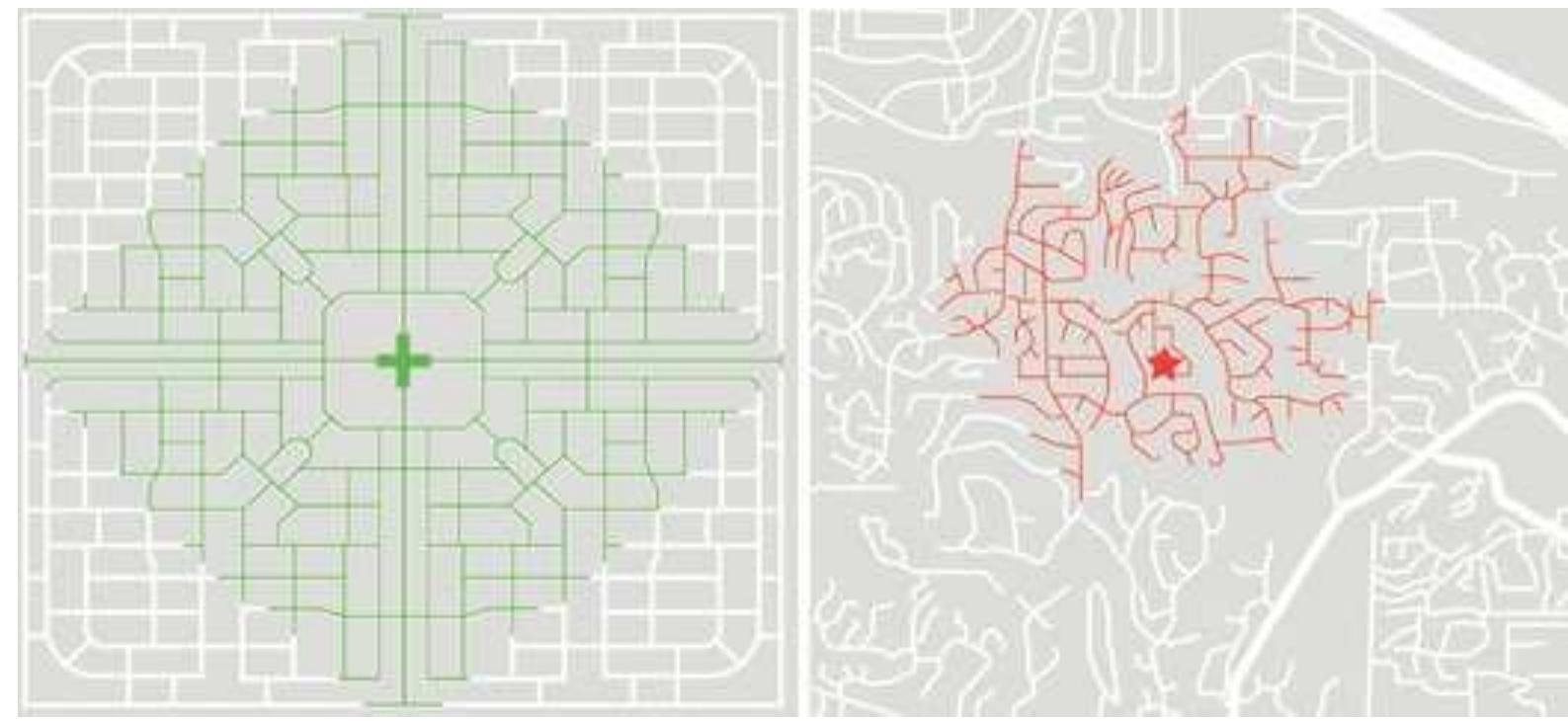 Comparison in 800-meter radius walking catchment in different street connectivity scenarios (compact grid vs. sprawling suburb). 