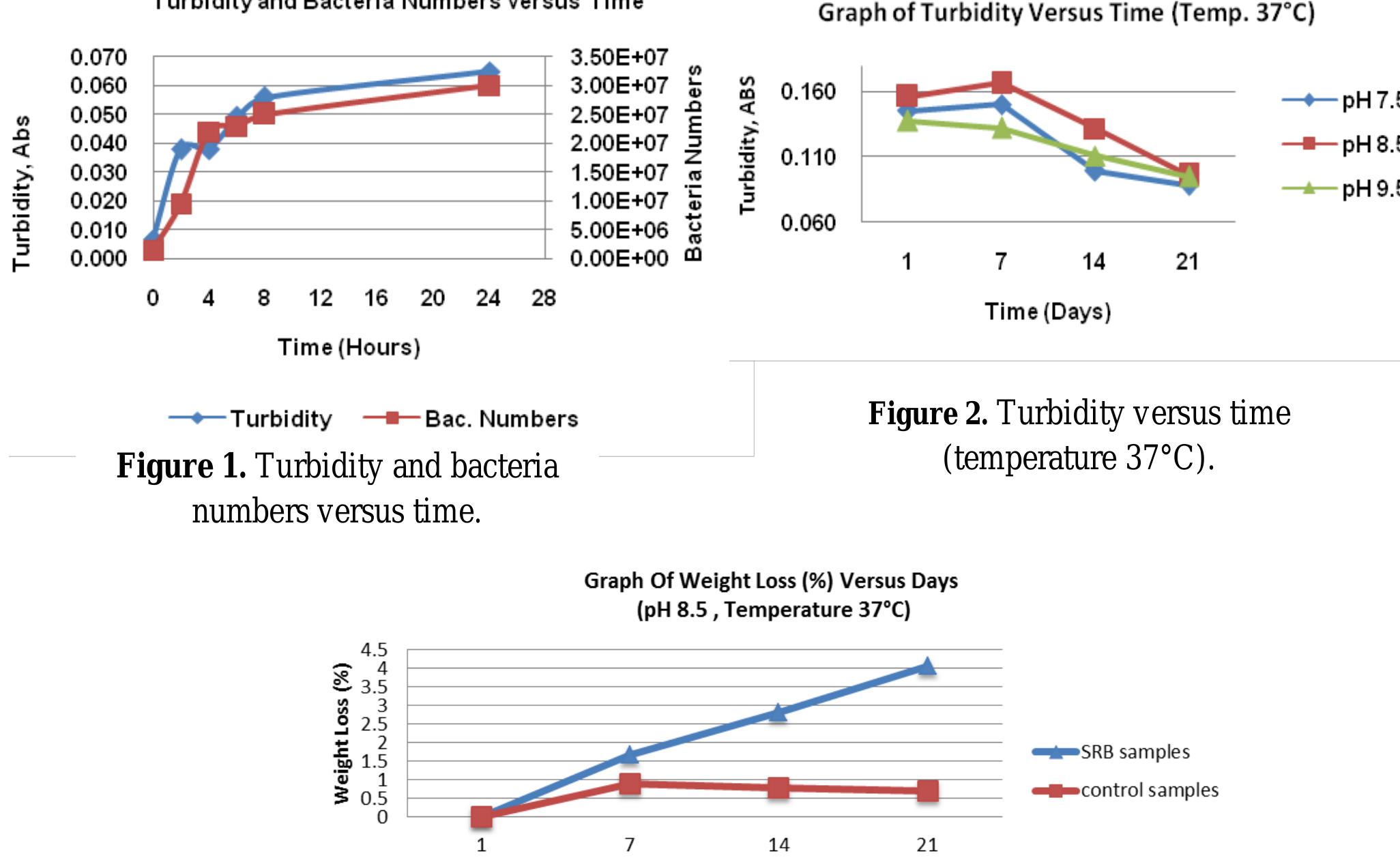 Optimum pH. By using the turbidity method, the optimum pH for the growth of SRB was determined. Figure 2 provides the experimental data on the SRB growth influenced by pH. SRB will grow in the range of 4 to 9.5 according to certain genes [9]. However, this study focused only on the alkaline condition since the selected SRB genes have a tendency to grow quickly in that particular environment. Thus, the selected ranges of pH were from neutral which 7.5 to 9.5. The results showed that the highest turbidity value of SRB growth was in pH 8.5 throughout the incubation of 21 days. This suggests that pH 8.5 is optimal for the SRB seed to proliferate and grow rapidly at 37°C temperature. The theme identified in the graph also indicated that at day 7, the SRB growth among all pH’s decreased gradually due to the depletion of nutrient resources.  