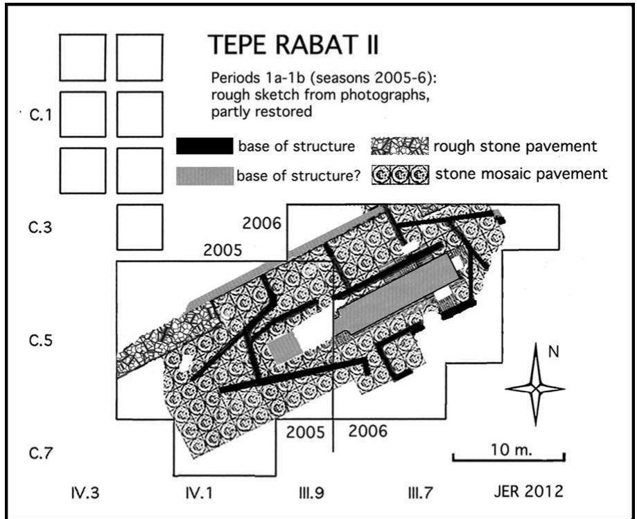 Fig. 2. Rough sketch of 2005-6 excavations, Tepe Rabat II. Drawn by J. E. Reade.  length, but the high quality of the work generally suggests that the pavement was associated with an official or prosperous institution. 