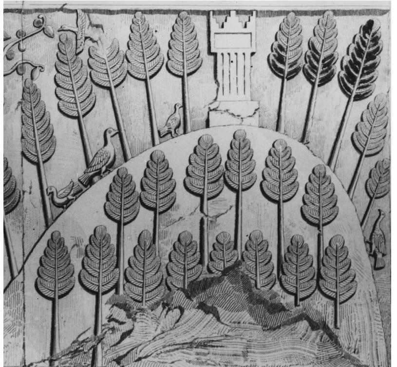 Fig. 11. Khorsabad wall-panel showing altar on hill (Botta — Flandin 1849-50, II, Pl. 114).  Between Carchemish and Pasargadae: Recent Iranian Discoveries at Rabat 