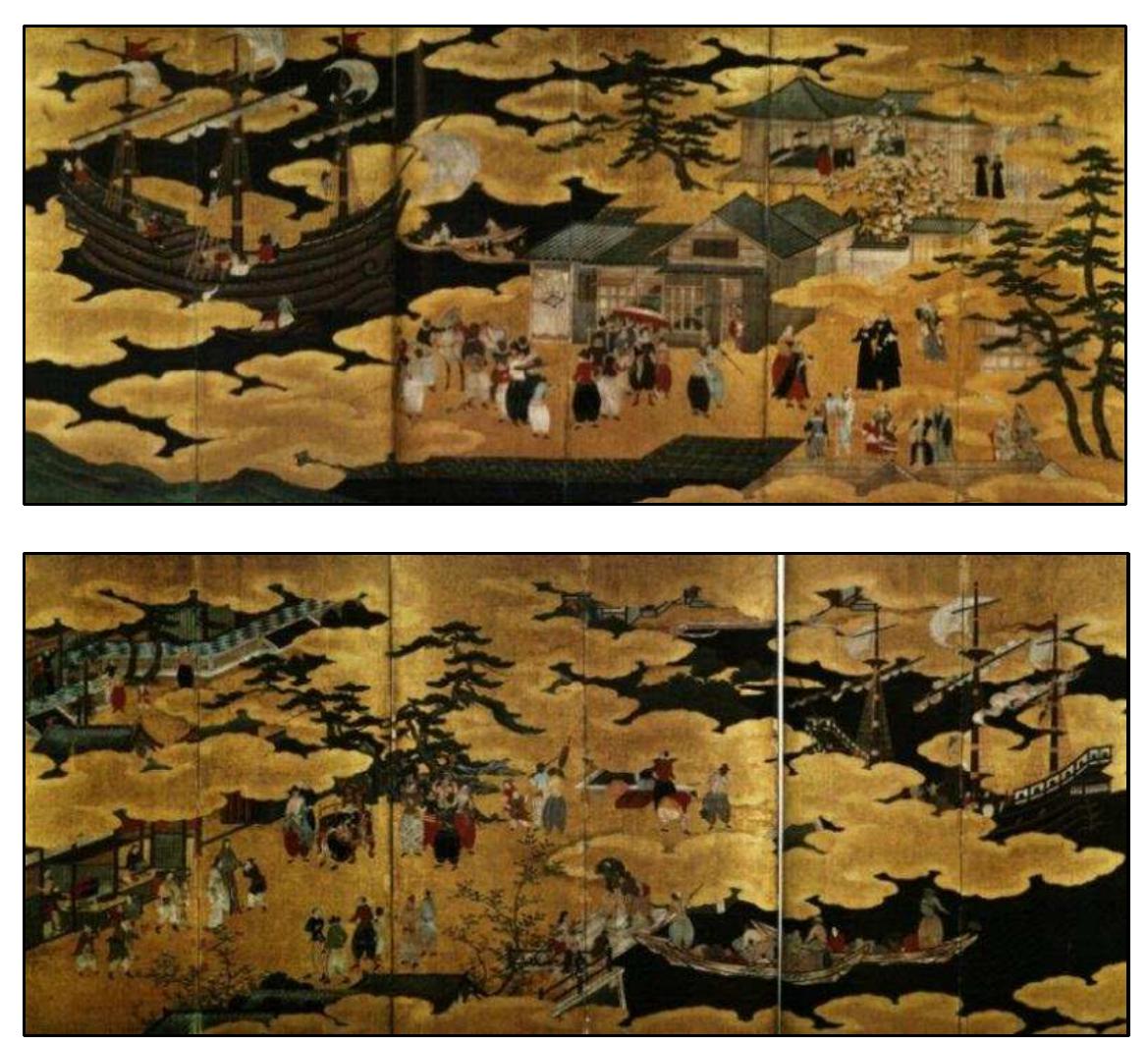 FIGURE 1-1. Namban Screen: Osaka Castle Museum Version (Important Cultural Property). On the inventory that served as a base for this study, the word “version” indicates “each particular version of the existing Namban Screens” (Sakamoto 2008:2-5,324-325,386,396-397). Top is Right Panel and bottom is Left Panel (159.0 X 375.0 cm each). 