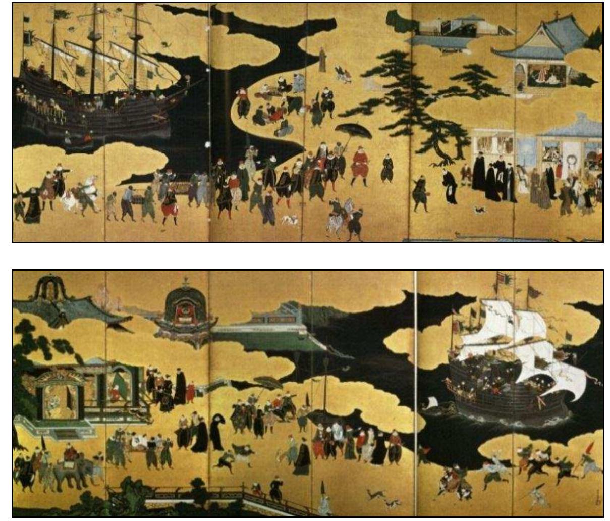 FIGURE 1-2. Namban Screen: Version A of Kyushu National Museum (Important Cultural Property) (Sakamoto 2008:12-17,327-328,389,396-397). Top is Right Panel and bottom is Left Panel (154.5 X 363.2 cm each). 