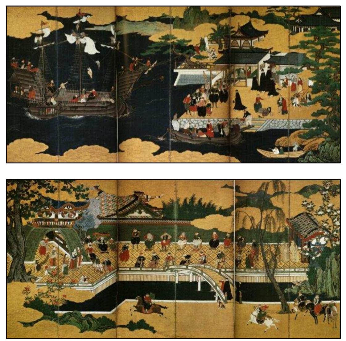 FIGURE 1-3. Namban Screen: Suntory Museum of Art Version (Important Cultural Property) (Sakamoto 2008:24- 29,328-329,386,396-397). Top is Right Panel and bottom is Left Panel (Right screen, 166.5 X 363.2 cm; Left screen, 166.4 X 358.4 cm). 