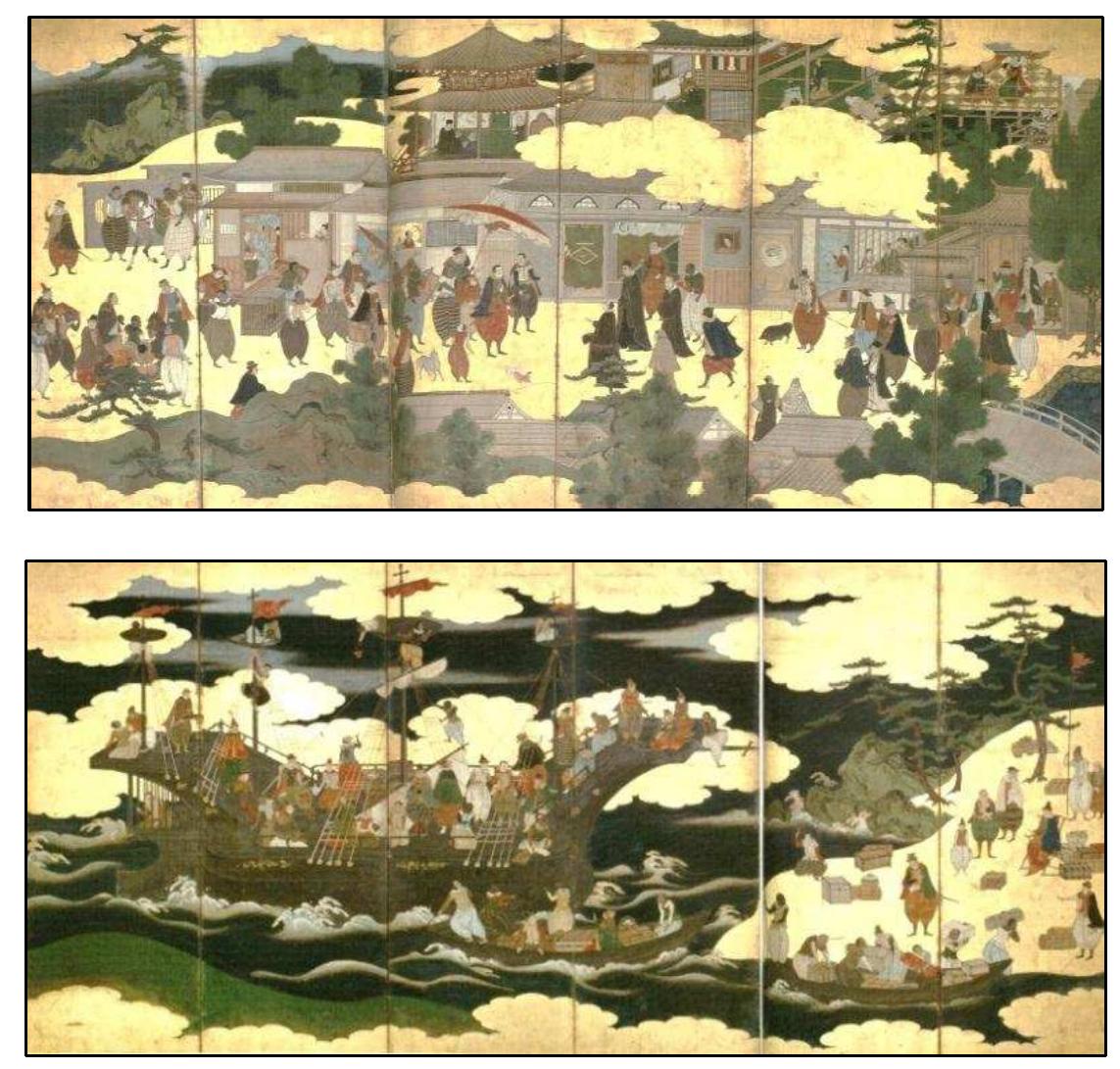 FIGURE 1-4. Namban Screen: Version A of Namban Bunkakan (Important Cultural Property) (Sakamoto 2008: 30- 35,329-330,386,396-397). Top is Right Panel and bottom is Left Panel (163.2 X 361.2 cm each). 