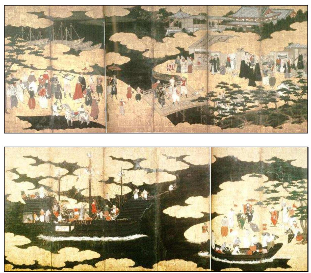 FIGURE 1-5. Namban Screen: Private collection-K family Version (Important Cultural Property) (Sakamoto 2008:44-49,332-334,386,396-397). Top is Right Panel and bottom is Left Panel (Right screen, 154.4 X 363.2 cm; Light screen, 154.4 X 362.4 cm). 