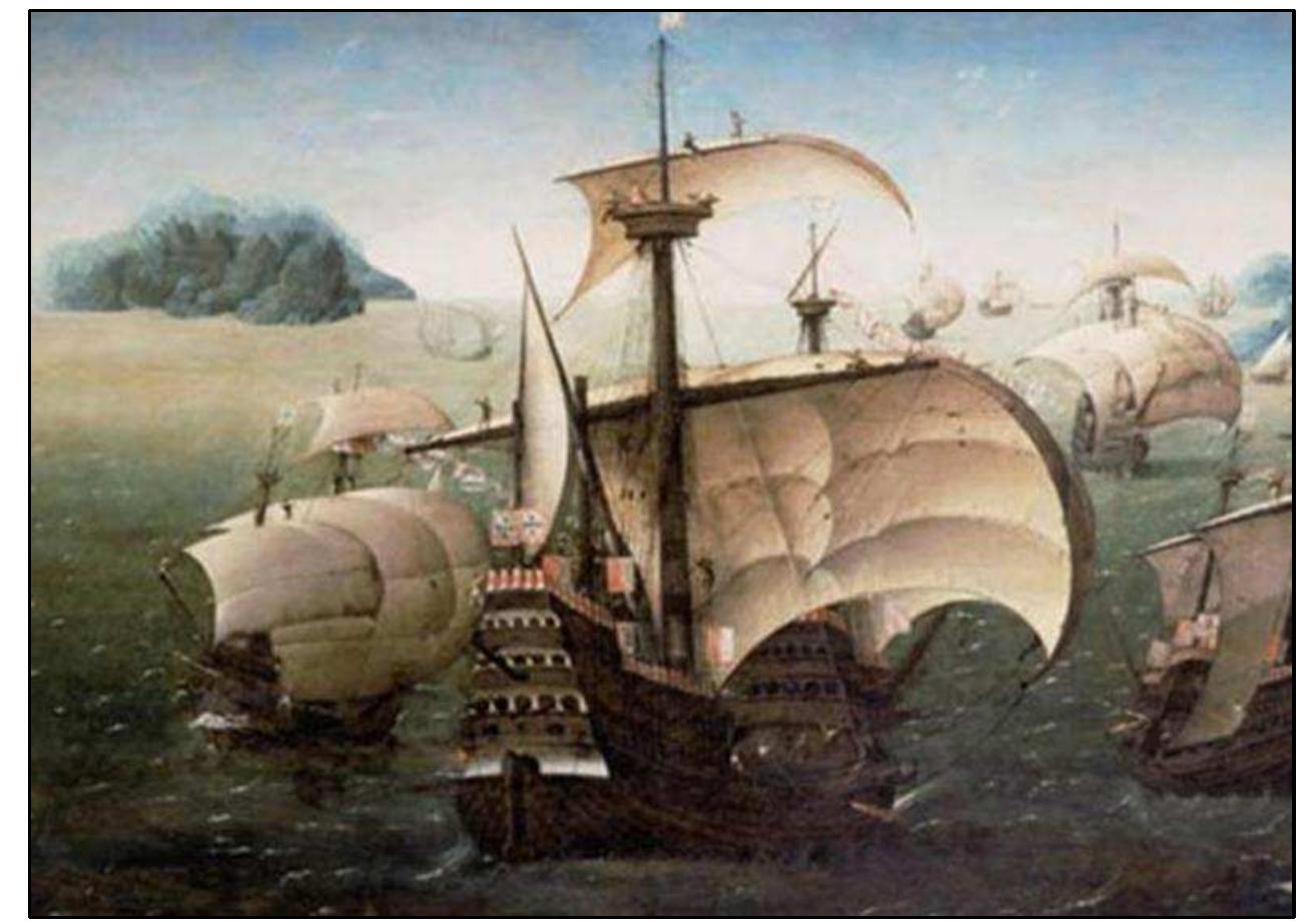 FIGURE 4-1. . Illustration of a Portuguese ship attributed to Joachim Patinir (c. 1480-1524) and dated to around 1527 (detail from Carracks on a Rocky Coast, National Maritime Museum, UK, Wikipedia). 
