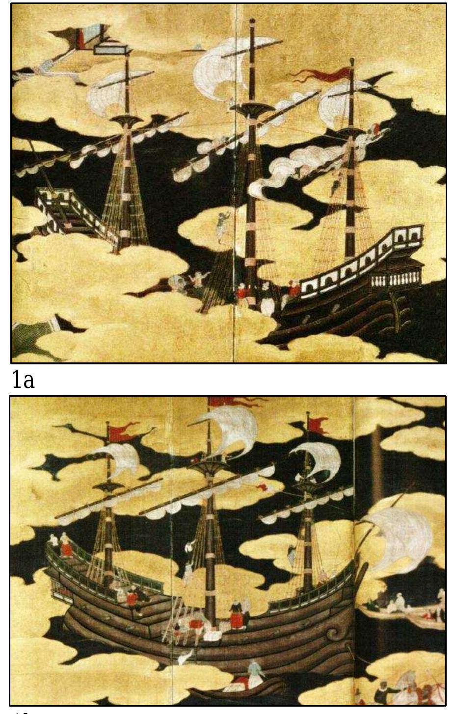 FIGURE 4-3. Type A Namban ship (No.1): Osaka Castle Museum Version (1596-1615) by a Kano-school artis (Sakamoto 2008:2-3) 