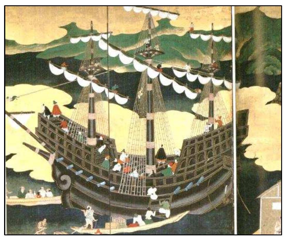FIGURE 4-5. Type A Namban ship (No.4): Missing (Former Kasahara Family collection Version) (1605-1624) by Kano-school artist (Sakamoto 2008:18-19)  Type B 