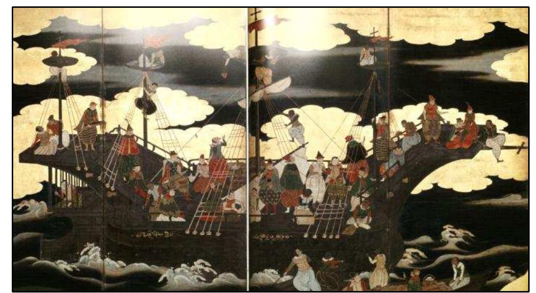 FIGURE 4-7. Type C Namban ship (No.6): Version A of Namban Bunkakan (1596-1615) by a Hasegawa-school artist (Sakamoto 2008:30-31)  2008:36-41,330-331,386,396-397). Both are presented below. 