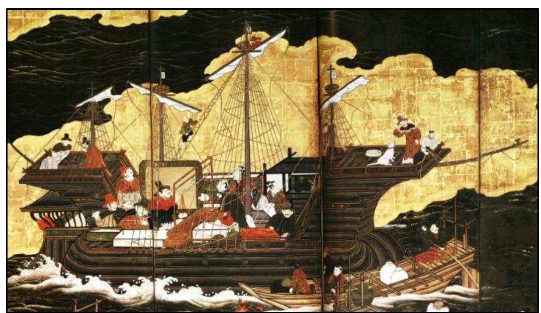 FIGURE 4-8. Type C Namban ship (No.7): Museum of the Imperial Collections, Sannomaru Shozokan V ersior (1610s) by an unknown artist (Sakamoto 2008:36-37) 