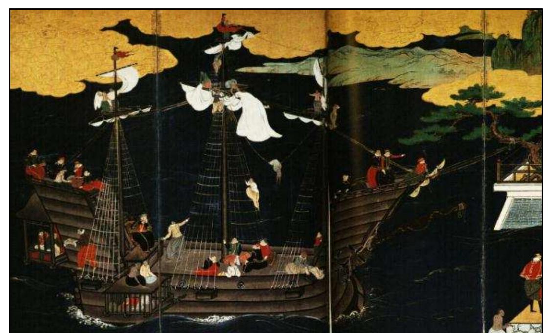 FIGURE 4-9. Type D Namban ship (No.5): Suntory Museum of Art Version (1600-1620) by a Kano-school artist (Sakamoto 2008:24-25)  2008:44-49,332-334,386,396-397). 