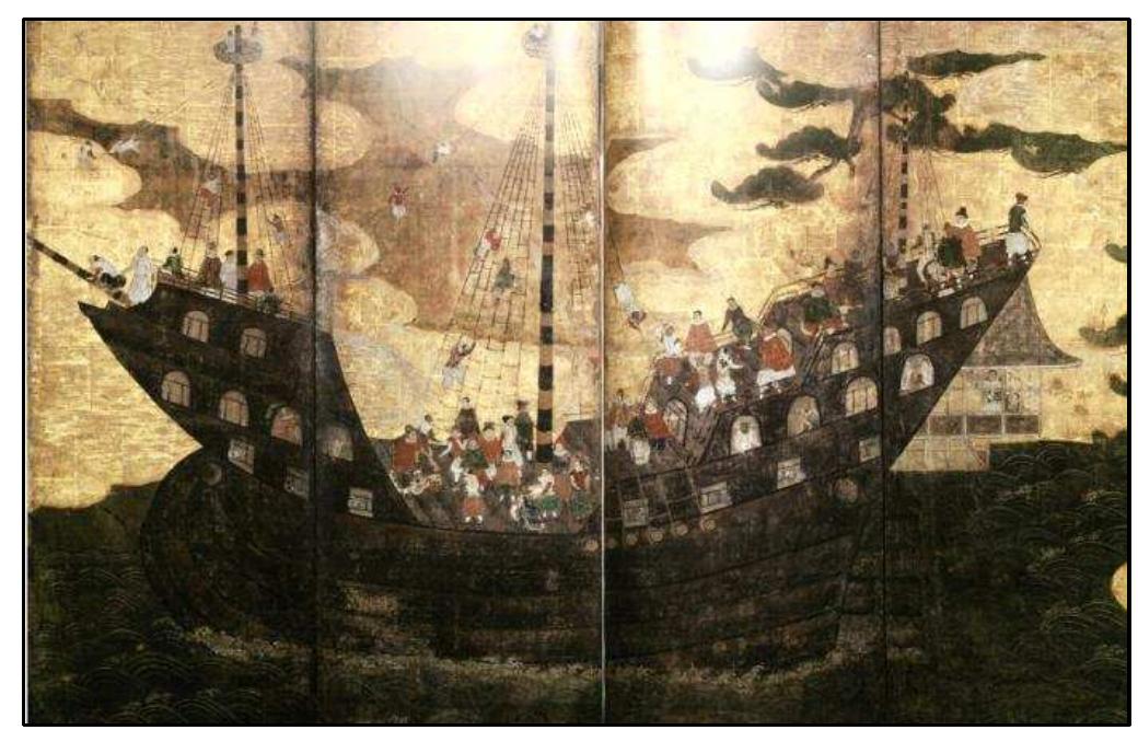 FIGURE 4-11. Type E Namban ship (No.10): Private Collection-T family Version, Former Ungai-in collection (1610s) by a Kano-school artist (Sakamoto 2008:50-51) 