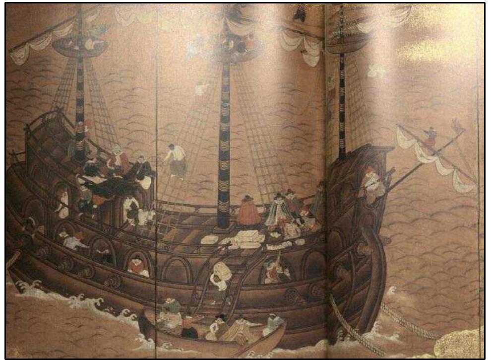 FIGURE 4-13. Type F Namban ship (No.11): Version A of Museum of Fine Arts, Boston (1620s) by a Kano-school artist (Sakamoto 2008:56-57)  4-14) (Sakamoto 2008:60-63,337,386,396-397). 