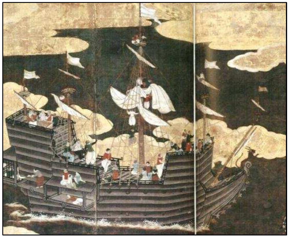 FIGURE 4-15. Type G Namban ship (No.30): Version B of Kobe City Museum, Former Tanzan Shrine collection (1615-1630) by a Hasegawa-school artist (Sakamoto 2008:112-113)  by a Hasegawa-school artist (Figure 4-15) (Sakamoto 2008:112-115,347,387,396-397) 