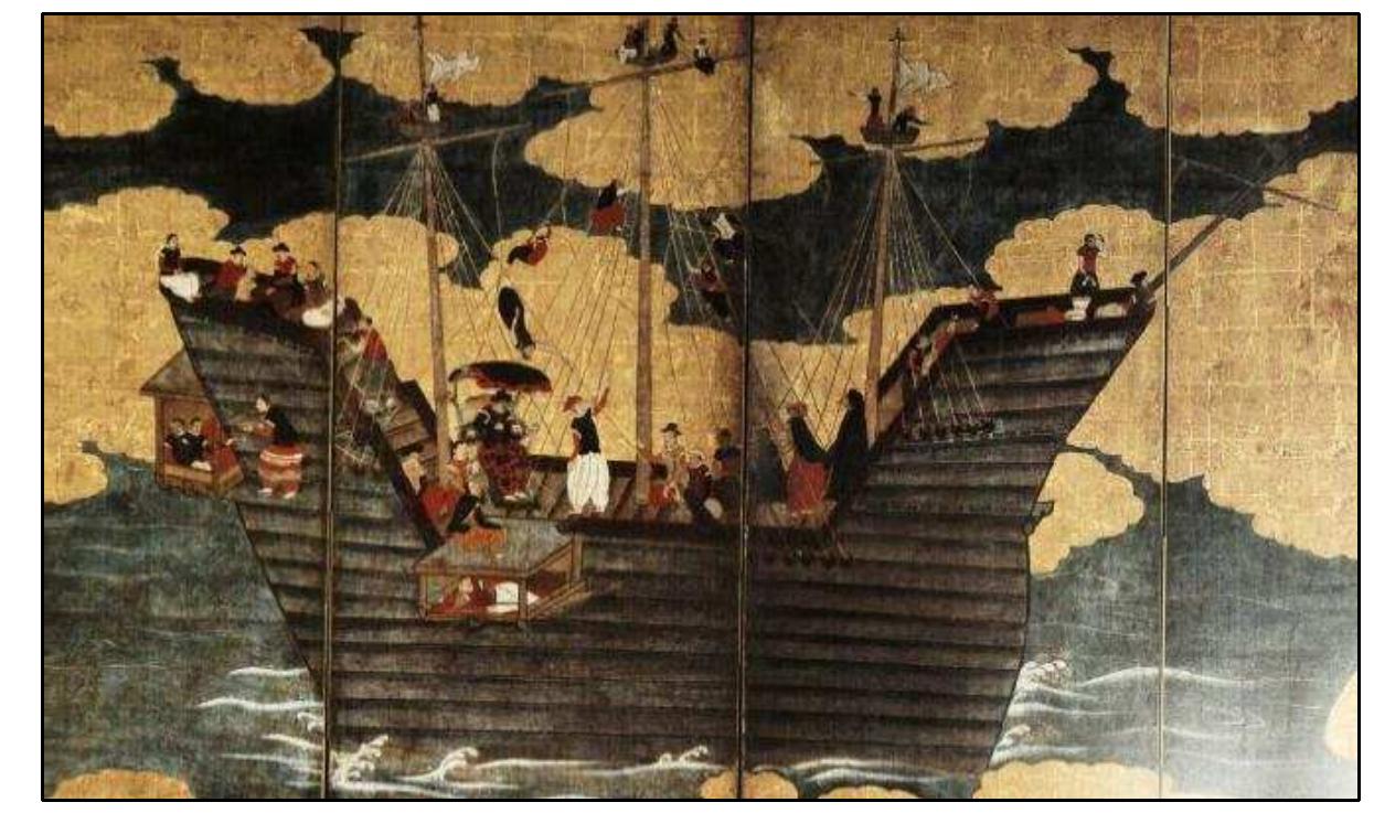 FIGURE 4-16. Type H Namban ship (No.70) Version A of Sakai City Museum (1630s) by an unknown artist (Sakamoto 2008:240-241)  by an unknown artist (Figure 4-16) (Sakamoto 2008:240-243,371,389,394-395).  Type I 