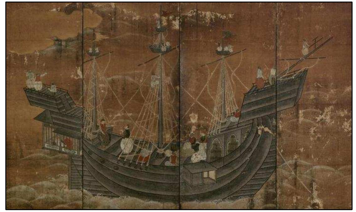 FIGURE 4-18. Type J Namban ship (No.61): Private collection-N family V ersion (1630s-1640s) by an unknown artist (Sakamoto 2008:220-221) 