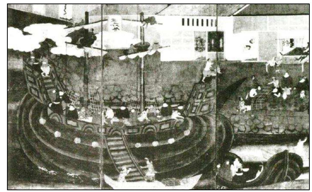 FIGURE 4-21. Type K Namban ship (No.77): Former Okazaki City Library collection (1624-1644) by an unknown artist (Sakamoto 2008:256) 