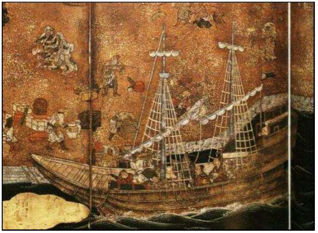 FIGURE 4-22. Type L Namban ship (No.80a): Saitama Prefectural Museum of History and Folklore Version (Late 17th century) by an unknown artist (Sakamoto 2008:260-261)  artist (Figure 4-22) (Sakamoto 2008: 260-263,377,389,394-395).  Type M  Prefectural Museum of History and folklore Version (Late 17th century) by an unknown 