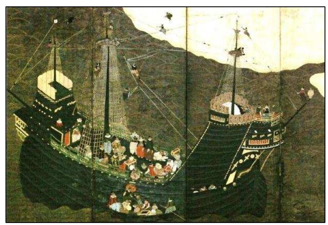 FIGURE 4-24. Type N Namban ship (No.35): Version C of Museu Nacional de Arte Antiga, Lisbon (the 18th or 19th centuries) by a unknown artist (Sakamoto 2008:124-125) 