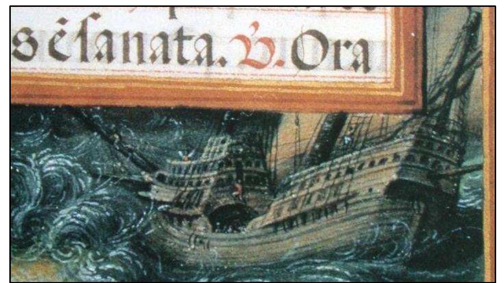 FIGURE 5-1. Iconography of Portuguese ship depicted in the Livro de Horas D. Manuel c. 1517. Lisbon’s Museu Nacional de Arte Antiga.  lowered to gain a better center of gravity for the stability of the ship. 