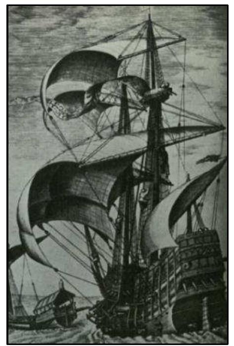 FIGURE 5-5. A Medittereanean merchant ship from a Frans Huys engraving after a drawing by Breughel (c.1560) (after Gunn-Graham 1998)  screens were copies of ship images, rather than original drawings (Garcia and Rodrigues 