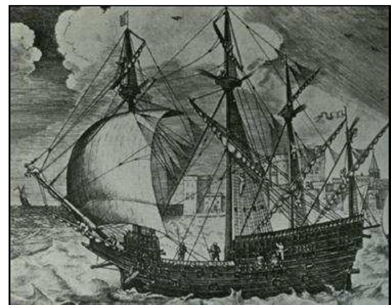 FIGURE 5-6. Frans Huys engraving after a drawing of a galleon by Breughel (c.1560) (after Gunn- Graham 1998)  Ship Type M (No.82) is also interesting (Figure 4-23). We know itis nota 
