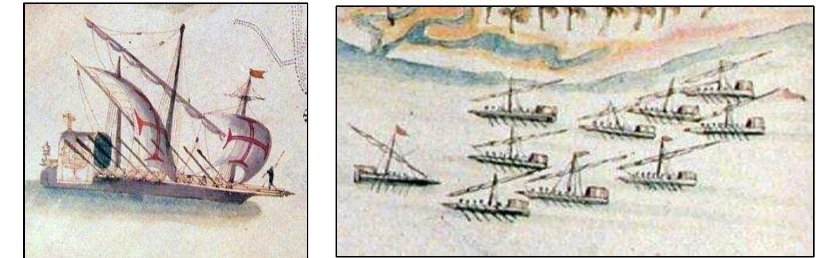 FIGURE 5-7. 16th century images of Mediterranean galleys (Castro and Costa 1939)  rare sight in Japan.  All evidence suggests that the ships represented a Namban screens were not 
