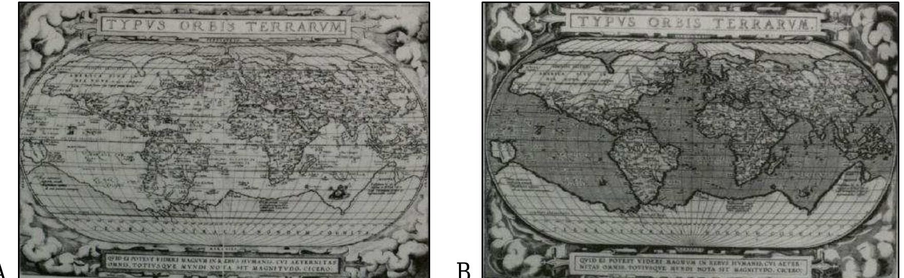 FIGURE 6-7. Theatrum Orbis Terrarum (Broecke 1996). (A) World Map, 1570. (B) World Map, 1586. (C) Americas, 1570. (D) Italy, 1570. (E) Northern Europe, 1570. (F) Asia, 1567 and 1570.  FIGURE 6-6.Continued.. 