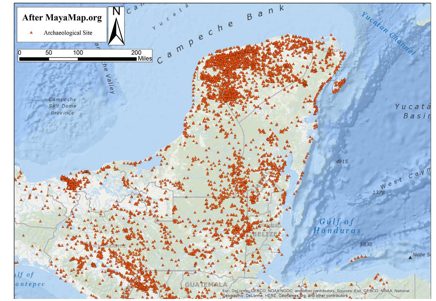 Fig. 13. Known ancient Maya sites. (Witschey and Brown, 2010)  eer PEI NIN OS Peay PESTO A RAR RVEE TIS OSES ET eT ORAY NER Ue NOPE  Cancuen, ‘Guatemala was a largely Late Classic site with an erosion and deposition cycle revealed in buried soils on footslopes and in depressions that date to the Late Classic (Fig. 12B; Beach et al., 2006). Indeed, footslopes there (Fig. 12B) expose the facies intersection of a floodplain cumilic soil with an abruptly buried slope soil. Erosion occurred earlier in paleosol sequences around  Blue Creek and the Programme for Belize in northwestern Belize, where examples come from both the Preclassic and Classic periods. For example, one footslope at Chawak in the Programme for Belize had a paleosol dated to the Late Preclassic, but facies-changing aggradation to the Late Classic, topped with mature topsoil (Fig. 12A) (Beach et al., in press). These examples show both the “Mayacene” and modern “Anthropocene” because recent gullying through sediments exposed the paleosols and modern topsoils at 