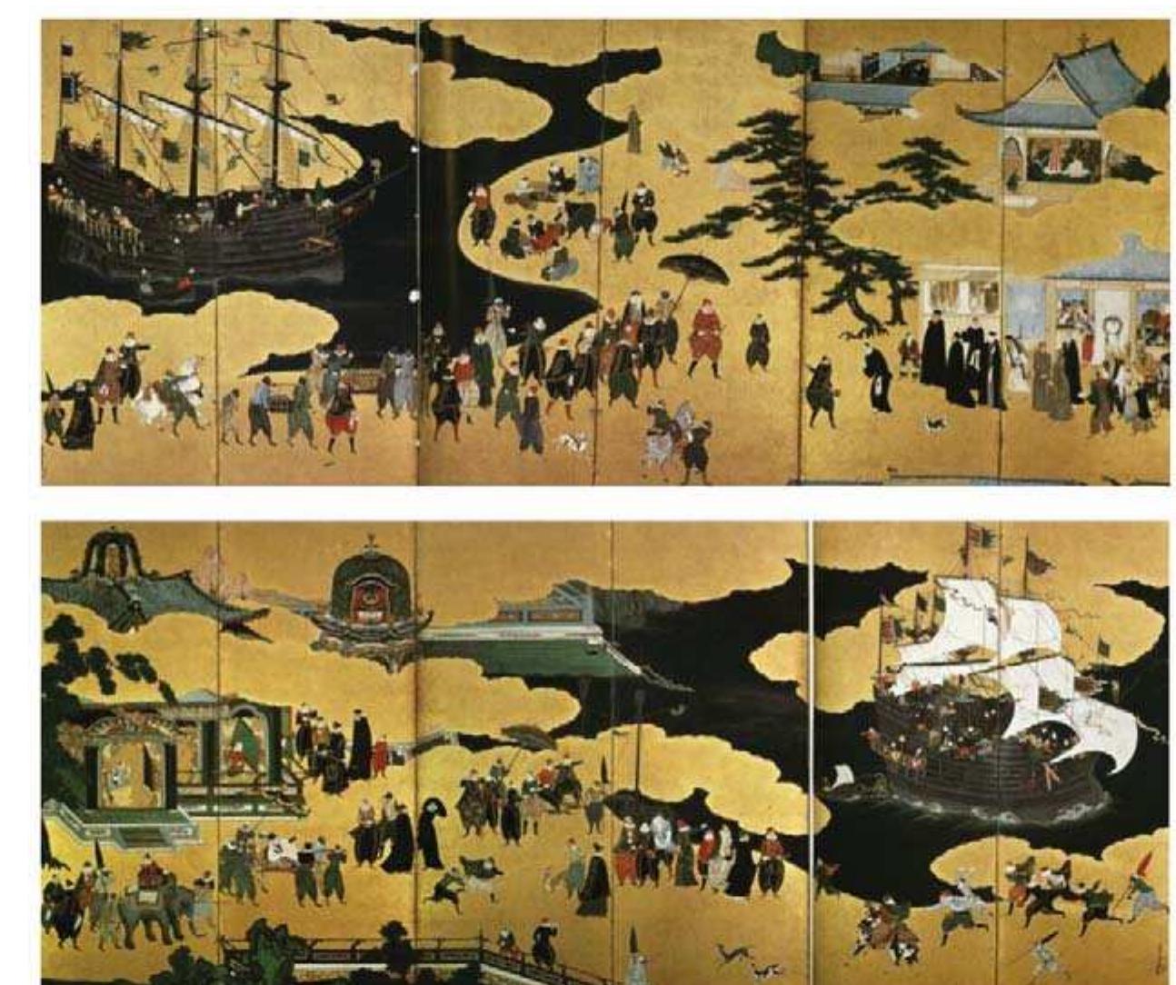 Fig. 1 Namban Screen: Version A of Kyushu National Museum (Important Cultural Property). Top is Right Panel and Bottom is Left Panel (154.5 X 363.2 cm each). (M. Sakamoto) 